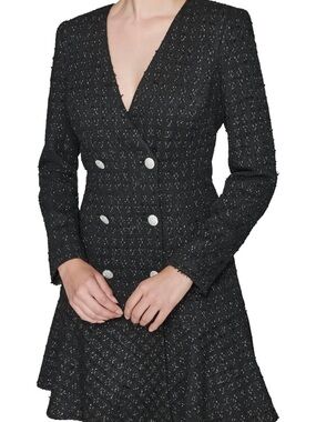 Karl Lagerfeld Black Textured Tweed Double-Breasted Blazer Dress